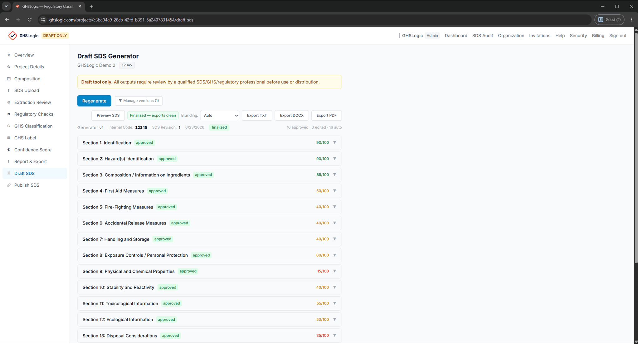 GHSLogic 16-section draft SDS editor with section review status