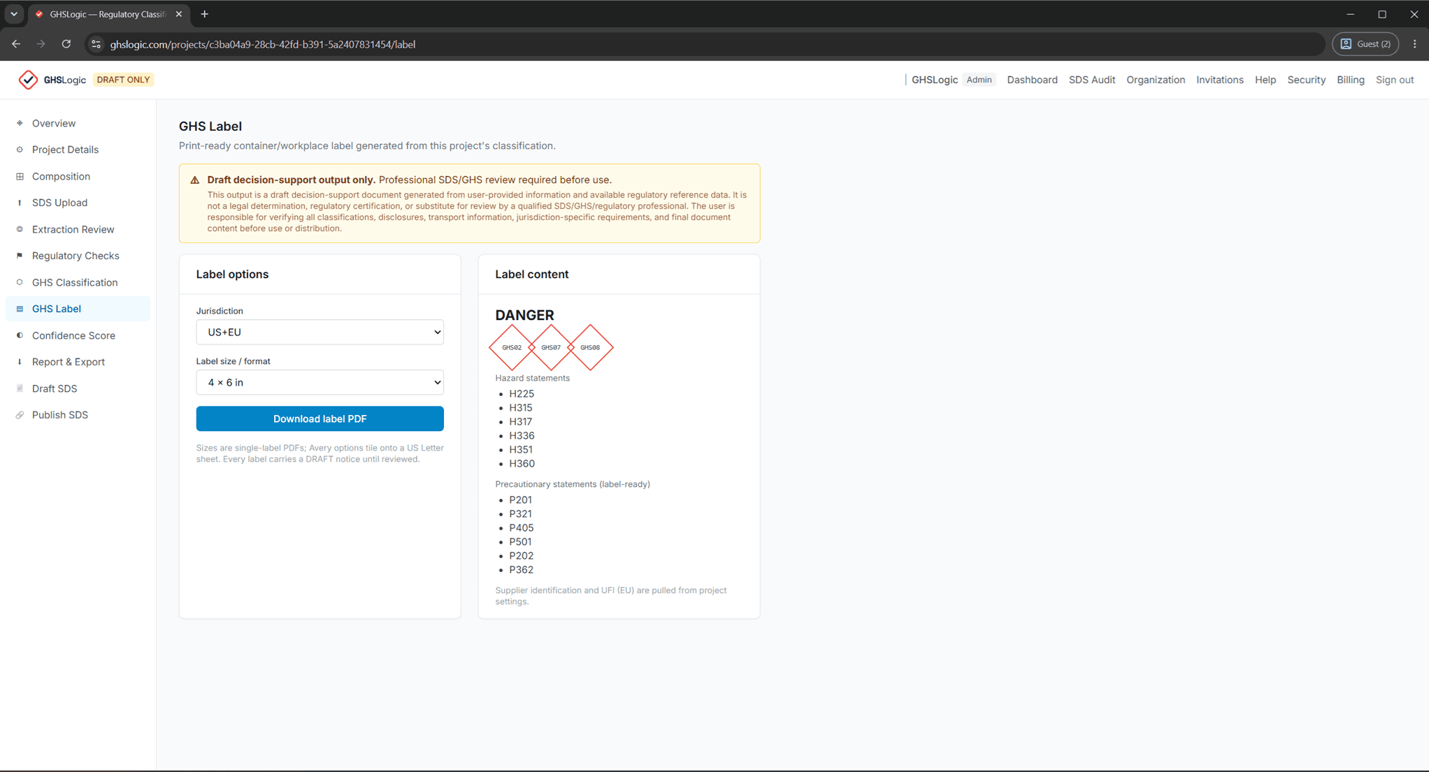 GHSLogic GHS label preview with pictograms, signal word and hazard statements